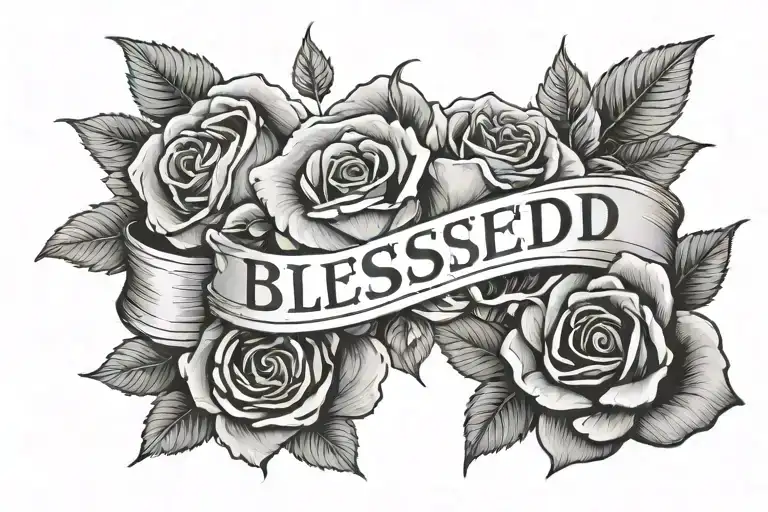 Black And White Tattoo That Says Blessed That Has Roses Wrapped Around It With Clouds