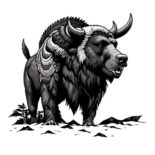 Totem Pole Of Seahawk Sitting On Buffalo Head Sitting On Bear Head