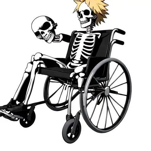 Skeleton In A Wheelchair With Katsuki Bakugo Looking Confused Next To It