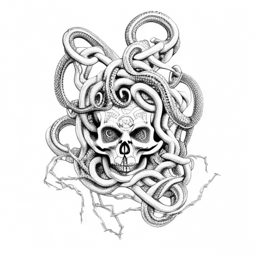 A Medusa With Skeleton-like Features Surrounded By Chains