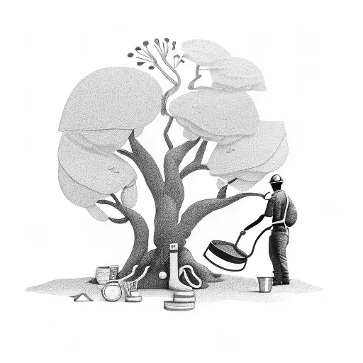 A Black-grey Tattoo Of A Landscaper Working On A Money Tree