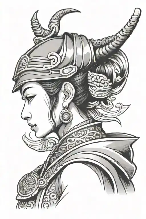 Samurai Standing Side Profile Traditional Lady Head