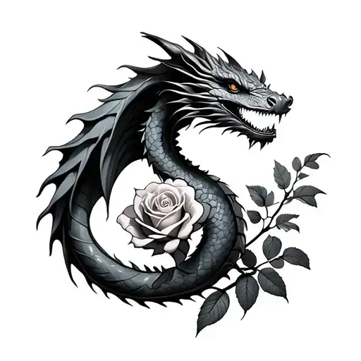 Dragon Coiled With Rose Growing