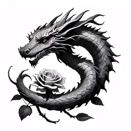 Dragon Coiled With Rose Growing