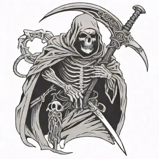 Grim Reaper Standing In A Skull Holding A Scythe