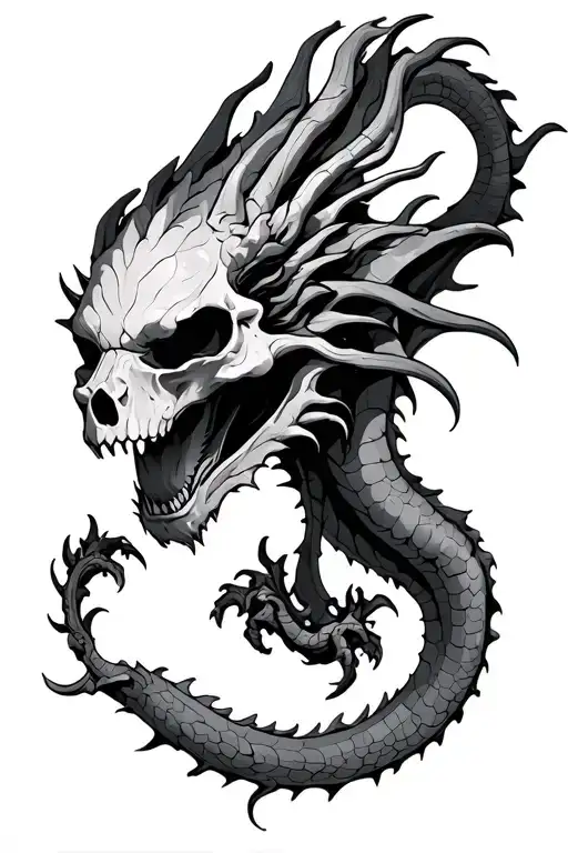 Dragon But With Skull Introcate Linework Illustration