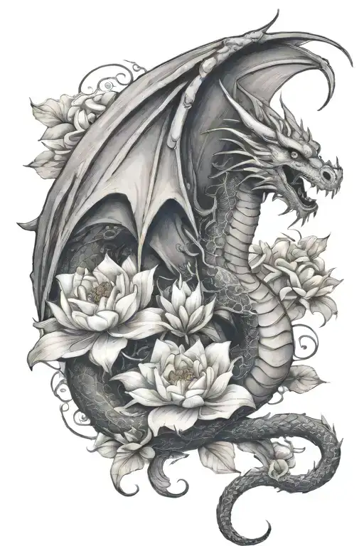 Elegant Winged Dragon Wrapped With Lotus Florals