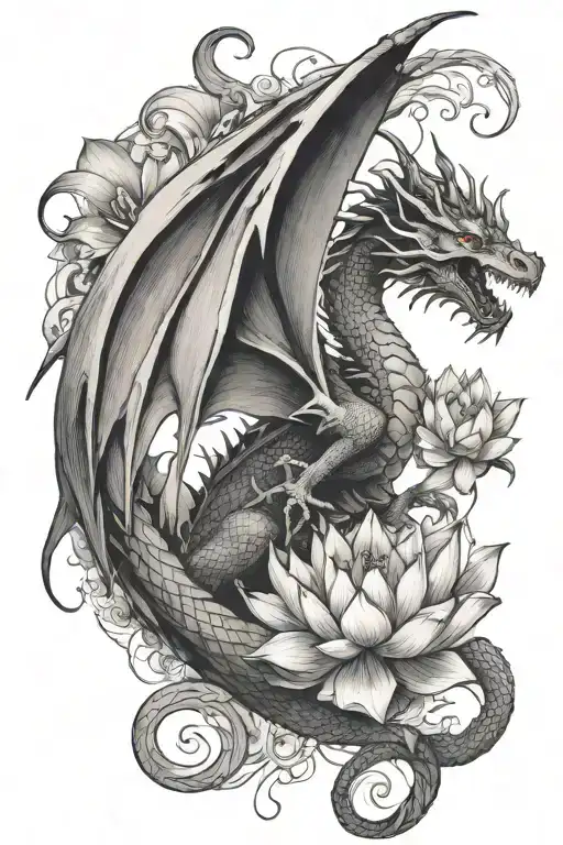 Winged Dragon With Lotus Florals
