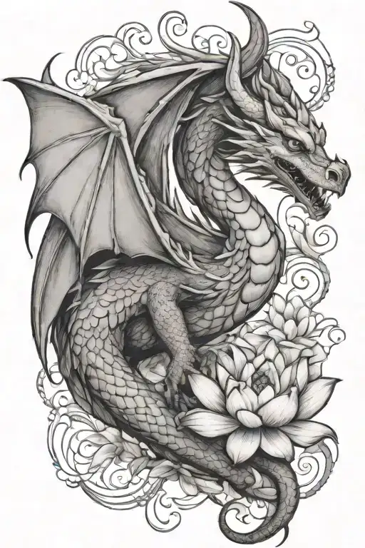 Winged Dragon With Lotus Florals