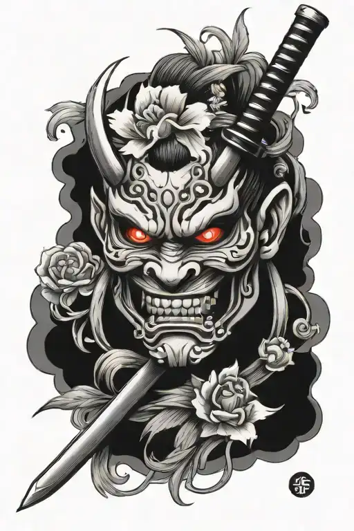 Oni Mask With Katana And Flowers Intertwined