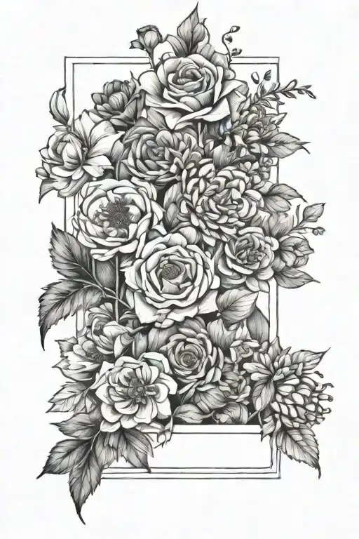 Black Fine Line Cottage Flowers Inside A Rectangle Box