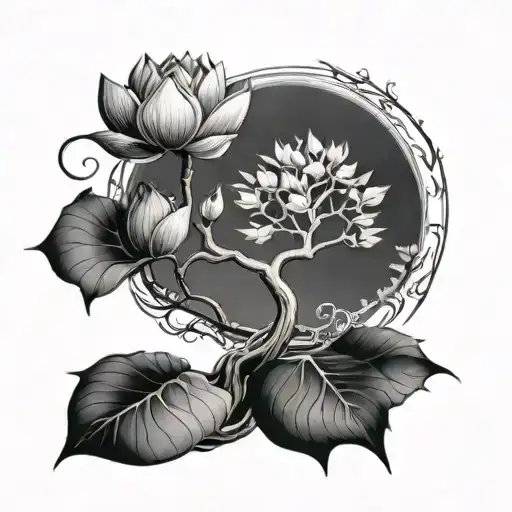 Tree Of Life With A Realistic Lotus Flower Below Followed By The Om Symbol