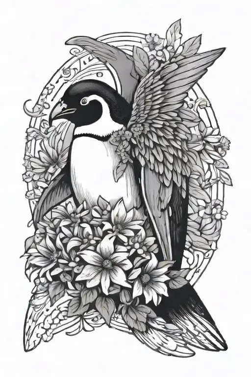 Penguin With Angel Wings Holding A Bouquet Of Daisies