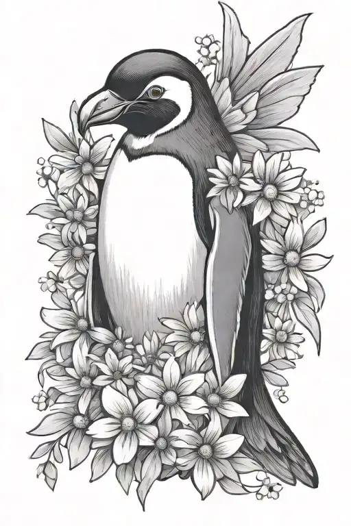 Penguin With Angel Wings Holding A Bouquet Of Daisies