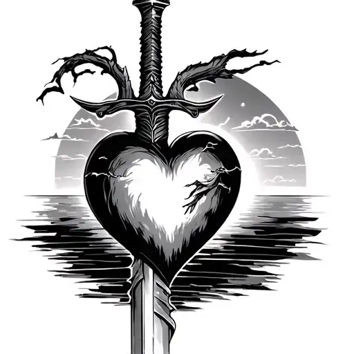 Sword Through Heart With Sunset Background