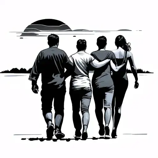 Family Of 5 People Walking Towards The Sunset