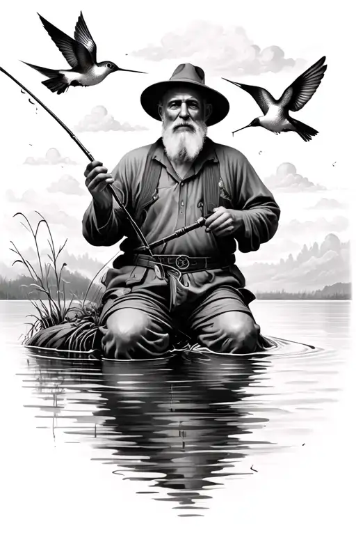 Old Man Fishing On A Lake In Heaven With Hummingbirds Around