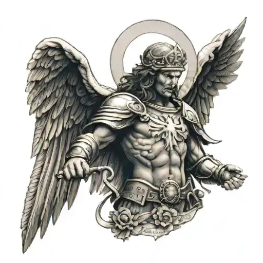 An Intricate Black And Grey Portrait Of St Michael Holding A Paramedic Symbol