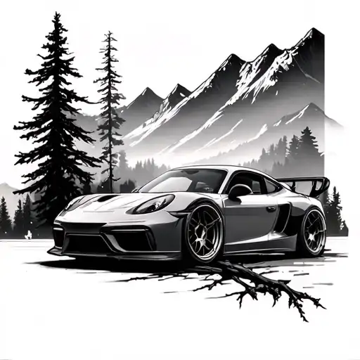 Tree Branch And Mountain Range With Sport Car Parked