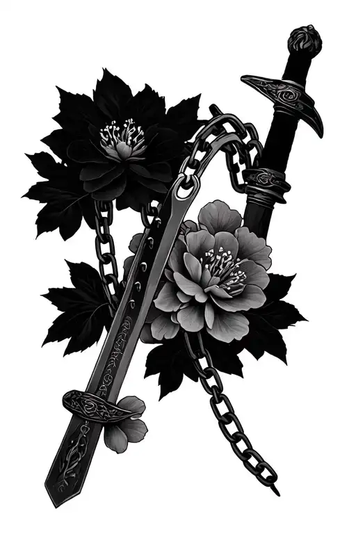 Katana In Chains With Sakura Flowers On The Chains