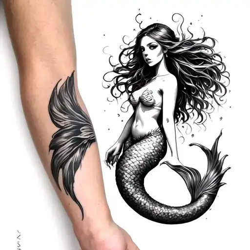 Tattoo Of A Beautiful And Terrifying Mermaid On The Arm That Extends Its Tail To The Hand