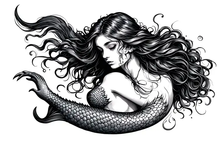 Tattoo Of A Beautiful And Terrifying Mermaid On The Arm That Extends Its Tail To The Hand