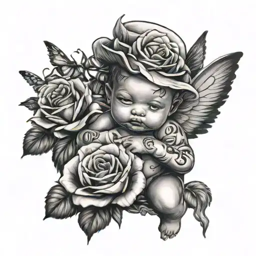 Gangster Baby Angel With Roses And Butterflies