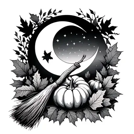 Broom In Front Of Crescent Moon Fall Leaves And Pumpkin