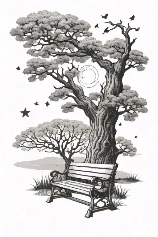 Oak Tree With A Bench Watching Stars