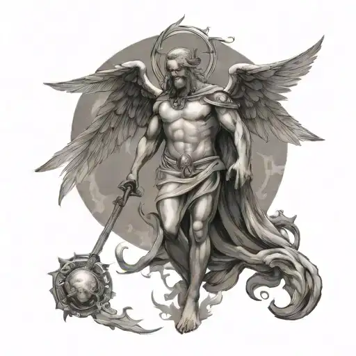Angelic Figure With Halo Standing Over Demon