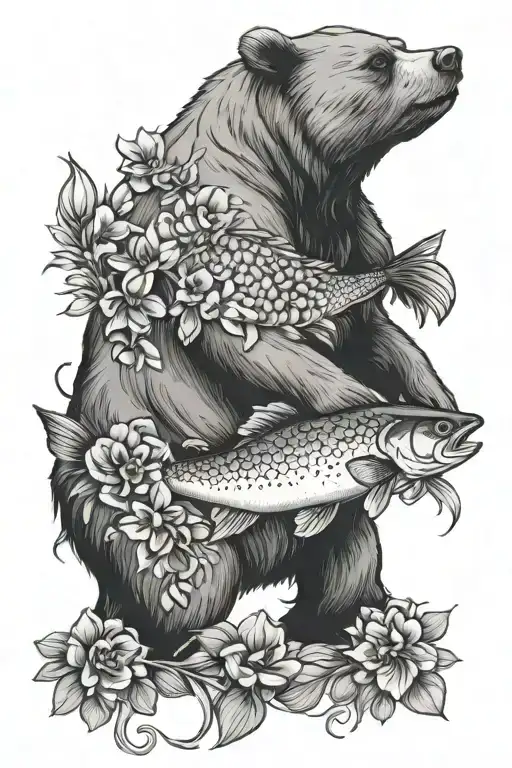 Bear And Fish And Blueberries And Sweet Pea Flower