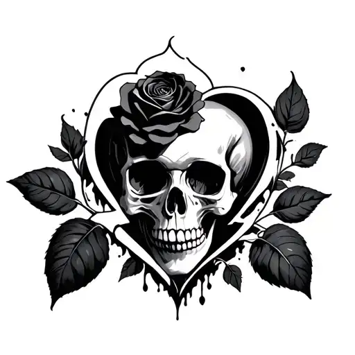 Skull Coming Out Of A Black Rose Between A Heart