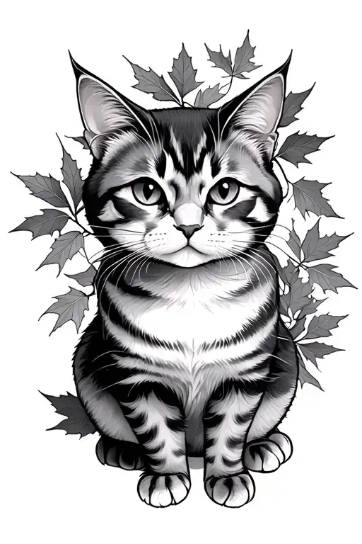 Old School Japanese Cat With Maple Leaves Forming The Shape