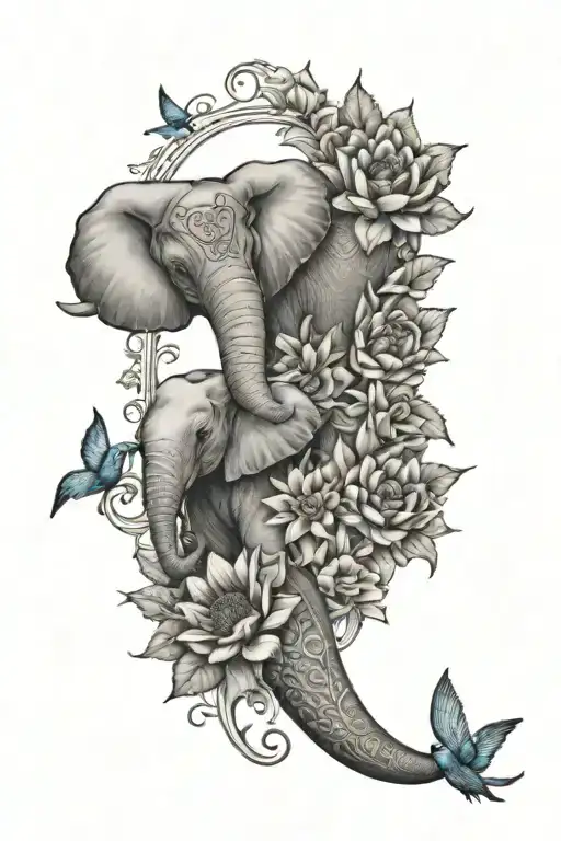 Arm Sleeve With Baby Elephants And Hummingbirds With Sunflowers And Carnations