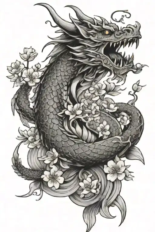 A Dragon With Cherry Blossom And Koi Fish Swimming