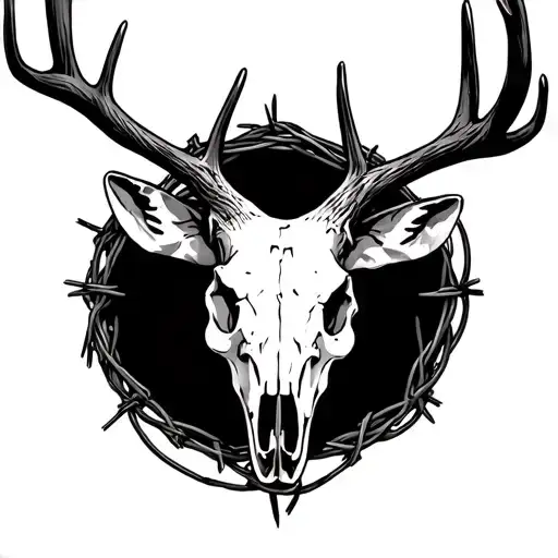 Deer Skull Strung In Barbed Wire Wrapped