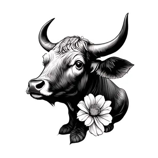 Baby Bull Sitting In Flowers Growing