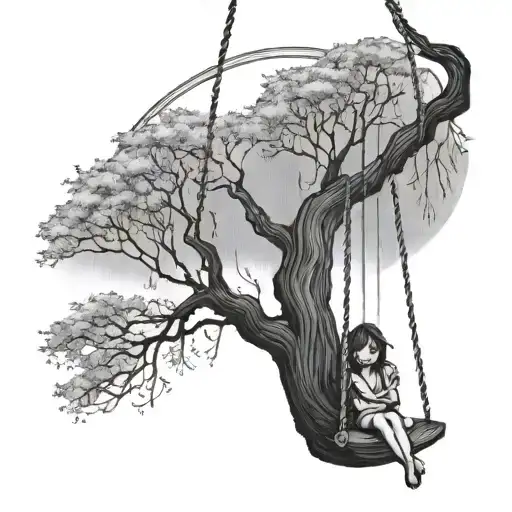 A Girl On A Swing Under A Willow Tree With A Backdrop Of The Northern Lights