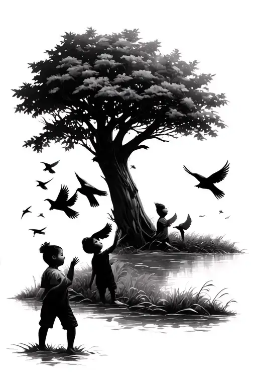 Nature Scene With Kids Releasing Birds Flying Away