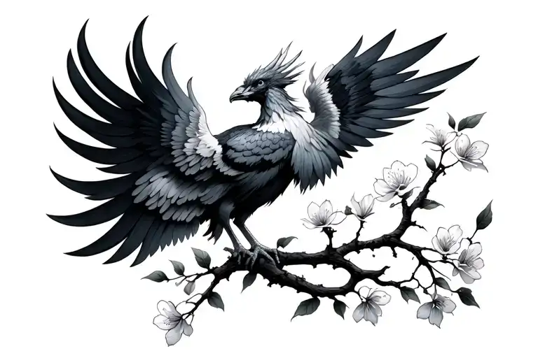 Cherry Blossom Phoenix Branch With Deployed Wings