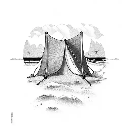 A Tent Amidst A Serene Beach With Waves Crashing In The Background
