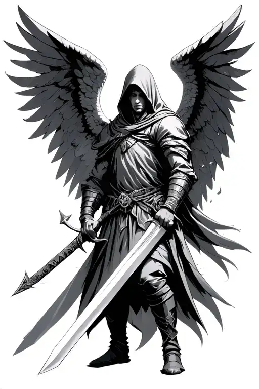 Powerful Hooded Angel Warrior Wielding A Sword
