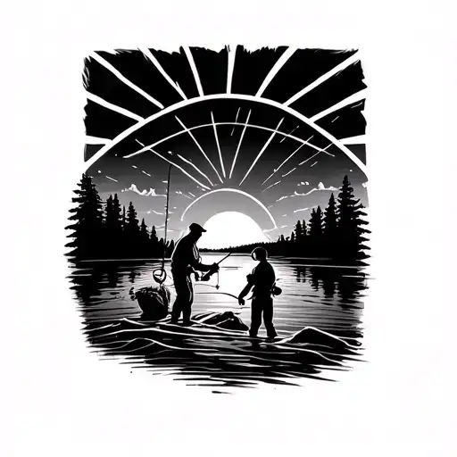 Sun Rays Shining Over A River With A Father And Son Fly Fishing