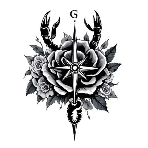 Scorpion And Black Rose And Compass Surrounded By Various