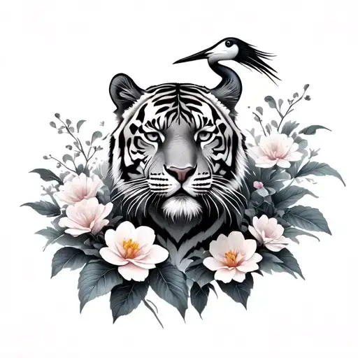 Tiger And Crane In Japanese Flowers Growing