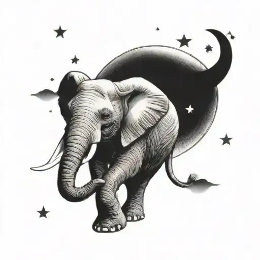 Elephant Reaching Its Tusk To The Moon