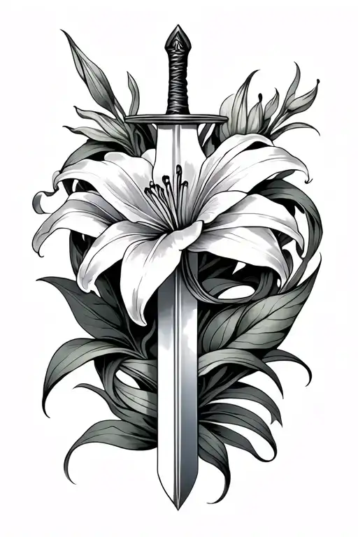 Back Tattoo Lily Flower Wrapped Around Sword