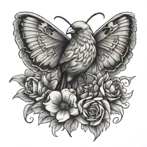 Canary Bird With Flowers And A Butterfly