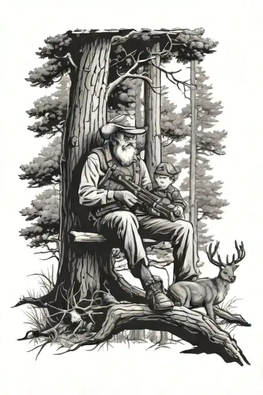 Boy And His Grandpa In The Woods Sitting In A Tree Stand Hunting Deer