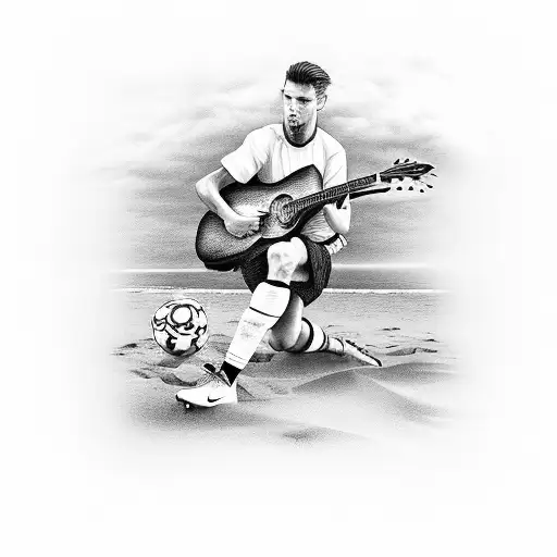 A Black And Grey Portrait Of A Footballer Playing Guitar On A Beach